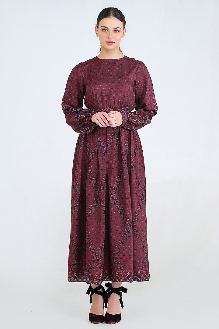 Plum Printed Summer Dress With Belt by Pinnacle By Shruti Sancheti at Pernia's Pop Up Shop