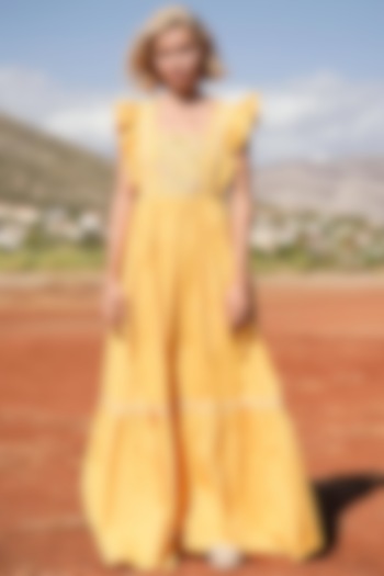 Yellow Embroidered Maxi Vacation Dress by Pinnacle By Shruti Sancheti at Pernia's Pop Up Shop