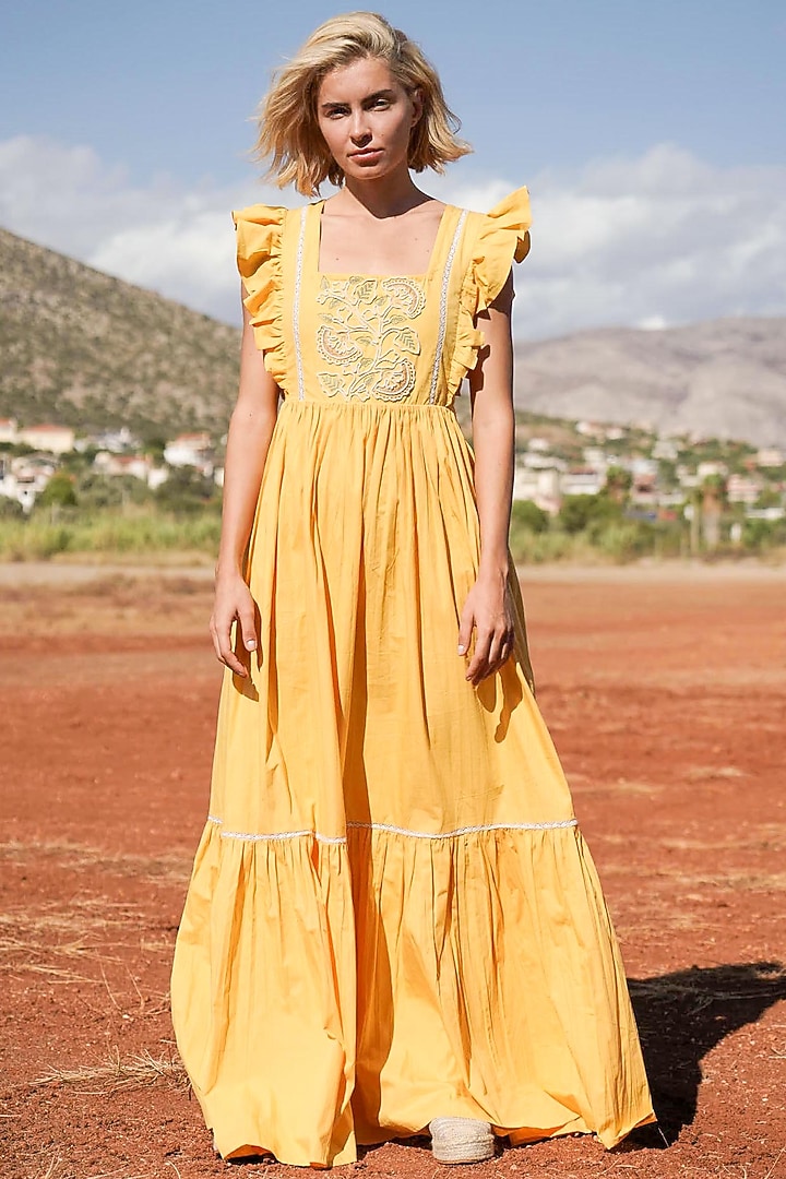 Yellow Embroidered Maxi Vacation Dress by Pinnacle By Shruti Sancheti at Pernia's Pop Up Shop