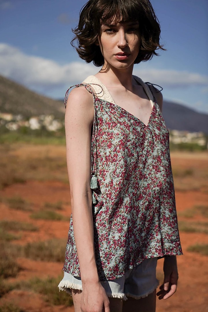 Powder Blue Printed Top With Bralette by Pinnacle By Shruti Sancheti at Pernia's Pop Up Shop