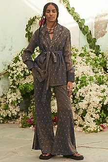 Navy Blue Gold Tissue Pant Set by Pinnacle By Shruti Sancheti-PINNACLE BY SHRUTI SANCHETI
