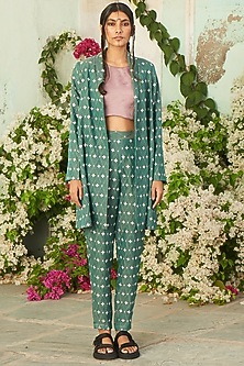 Dull Teal Printed Jacket Set by Pinnacle By Shruti Sancheti-PINNACLE BY SHRUTI SANCHETI
