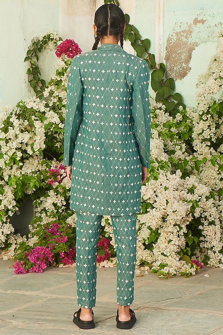 Dull Teal Printed Jacket Set by Pinnacle By Shruti Sancheti at Pernia's Pop Up Shop