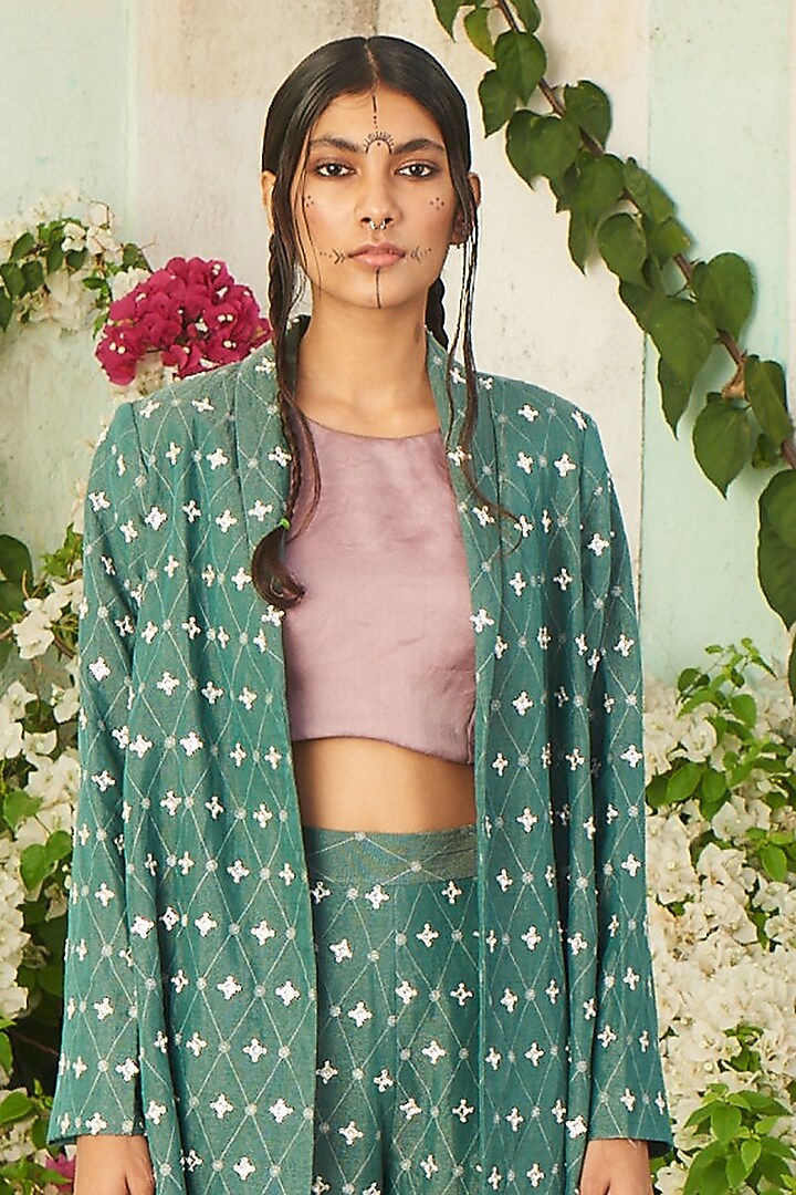Dull Teal Printed Jacket Set by Pinnacle By Shruti Sancheti at Pernia's Pop Up Shop