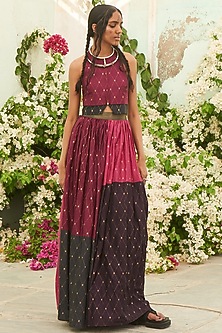 Plum Silk Color Blocked & Printed Pleated Skirt Set by Pinnacle By Shruti Sancheti-PINNACLE BY SHRUTI SANCHETI