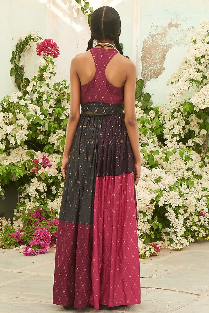 Plum Silk Color Blocked & Printed Pleated Skirt Set by Pinnacle By Shruti Sancheti at Pernia's Pop Up Shop