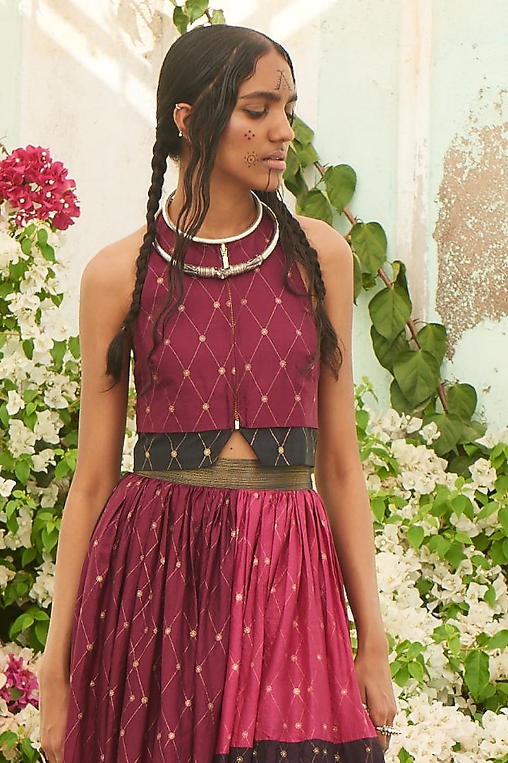 Plum Silk Color Blocked & Printed Pleated Skirt Set by Pinnacle By Shruti Sancheti at Pernia's Pop Up Shop