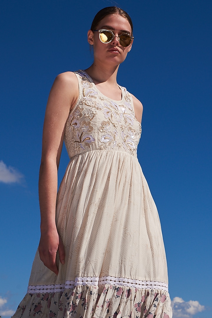 White Bone Crepe Printed Tiered Maxi Vacation Dress by Pinnacle by Shruti Sancheti at Pernia's Pop Up Shop