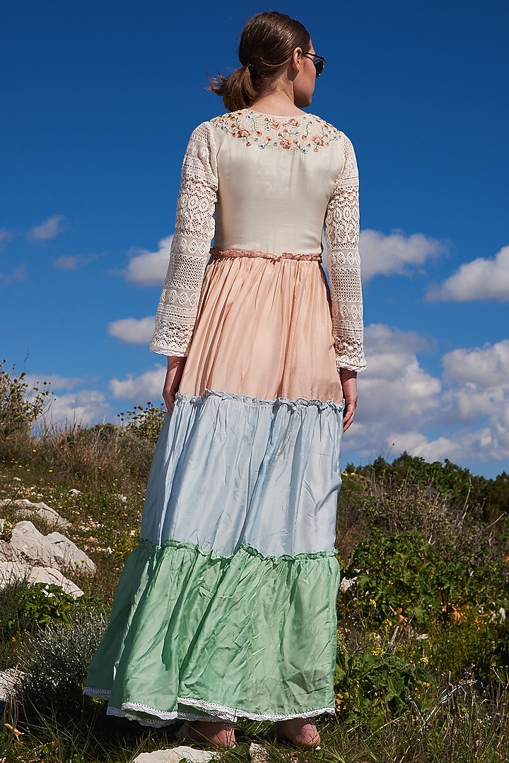 Multi-Colored Mulmul Color-Blocked Tiered Maxi Vacation Dress by Pinnacle by Shruti Sancheti at Pernia's Pop Up Shop