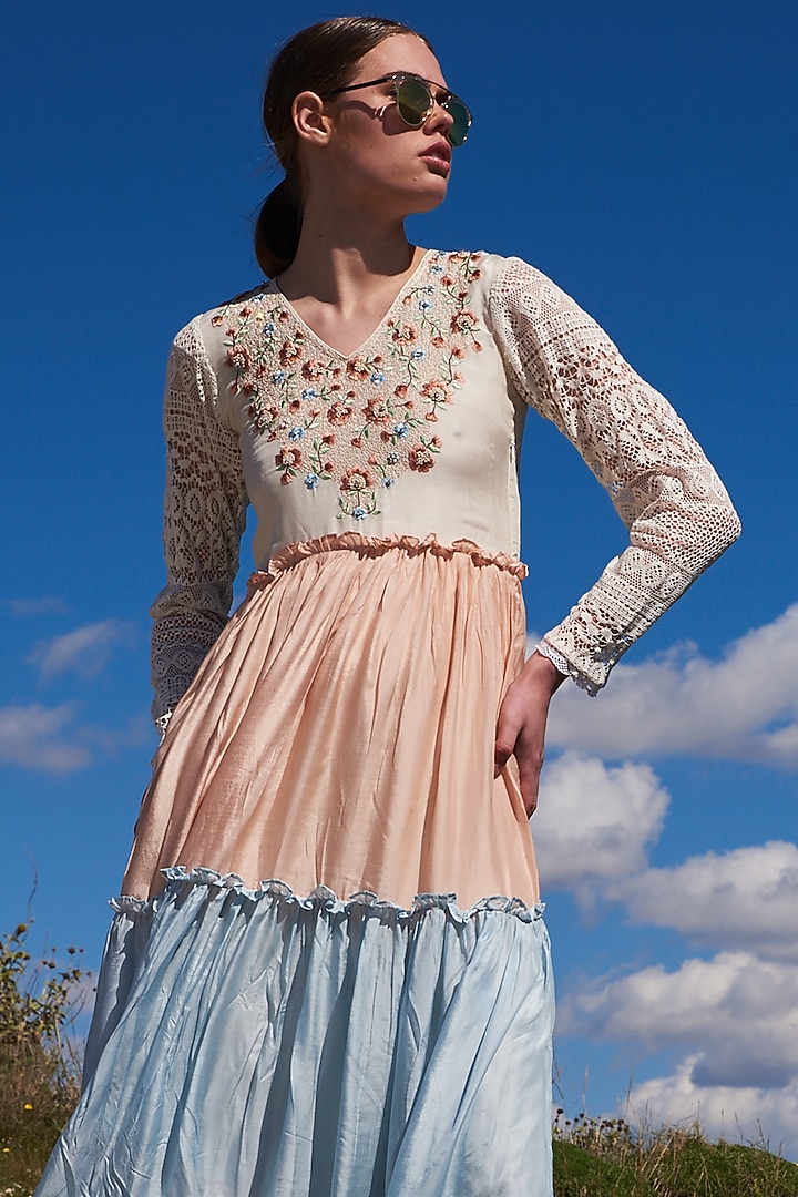 Multi-Colored Mulmul Color-Blocked Tiered Maxi Vacation Dress by Pinnacle by Shruti Sancheti at Pernia's Pop Up Shop