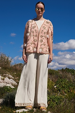 White Crepe Jumpsuit With Embroidered Cape by Pinnacle by Shruti Sancheti
