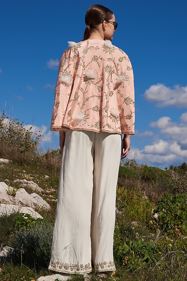 White Crepe Jumpsuit With Embroidered Cape by Pinnacle by Shruti Sancheti at Pernia's Pop Up Shop