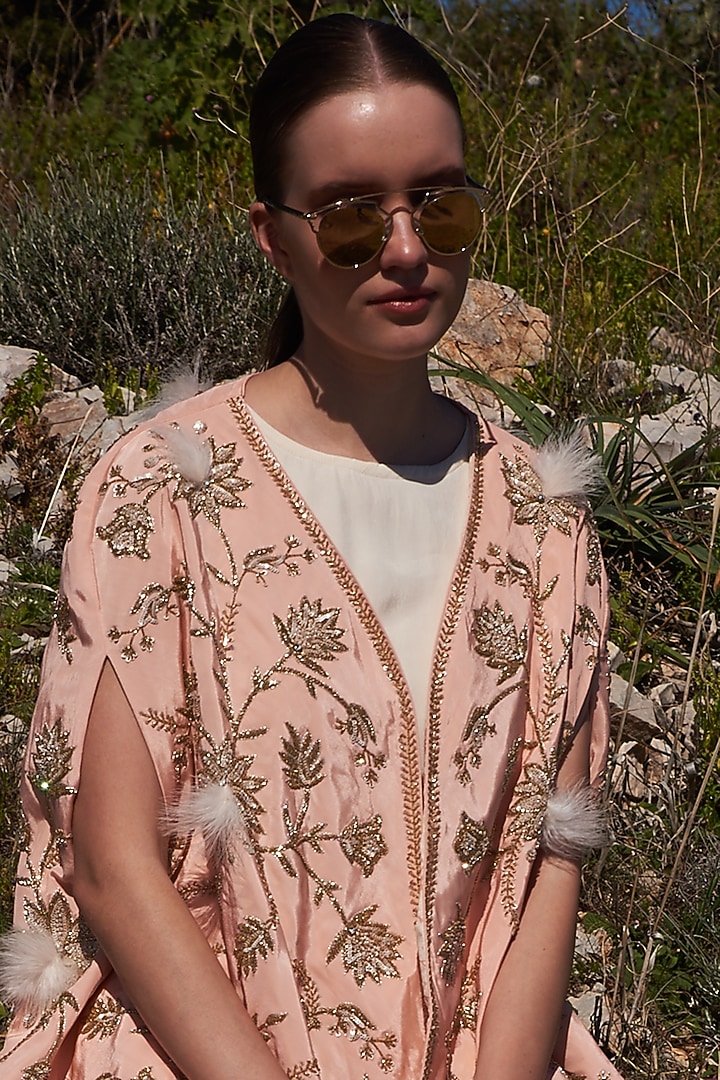 White Crepe Jumpsuit With Embroidered Cape by Pinnacle by Shruti Sancheti at Pernia's Pop Up Shop
