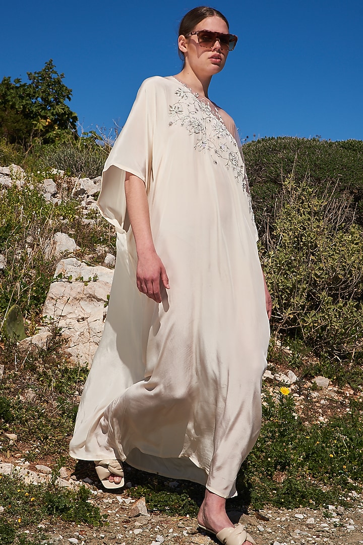 White Crepe Embroidered Kaftan by Pinnacle by Shruti Sancheti at Pernia's Pop Up Shop