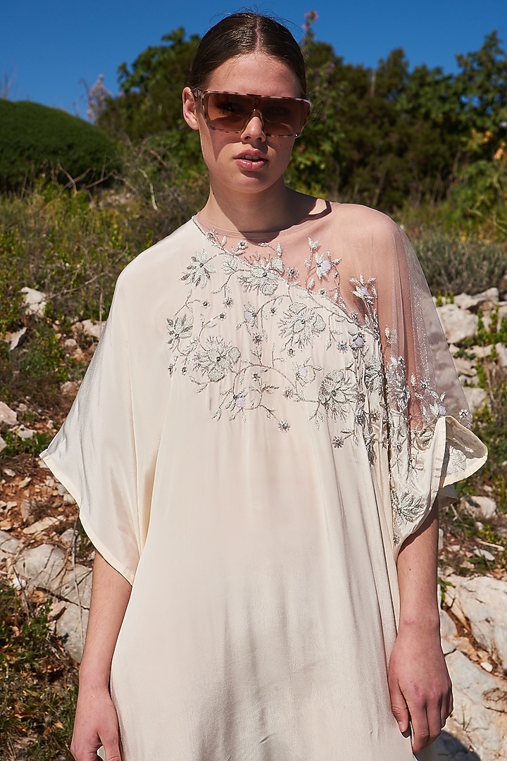 White Crepe Embroidered Kaftan by Pinnacle by Shruti Sancheti at Pernia's Pop Up Shop