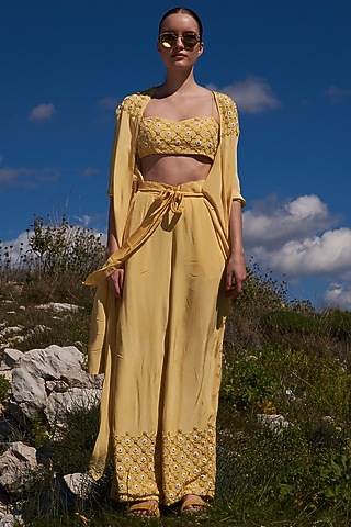 Yellow Crepe Embroidered Kaftan Set by Pinnacle by Shruti Sancheti