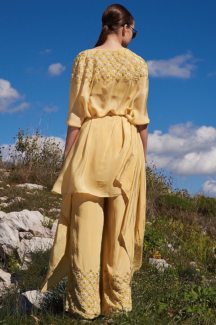 Yellow Crepe Embroidered Kaftan Set by Pinnacle by Shruti Sancheti at Pernia's Pop Up Shop