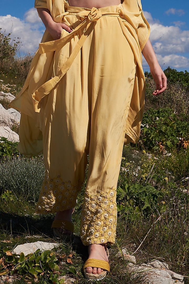 Yellow Crepe Embroidered Kaftan Set by Pinnacle by Shruti Sancheti at Pernia's Pop Up Shop
