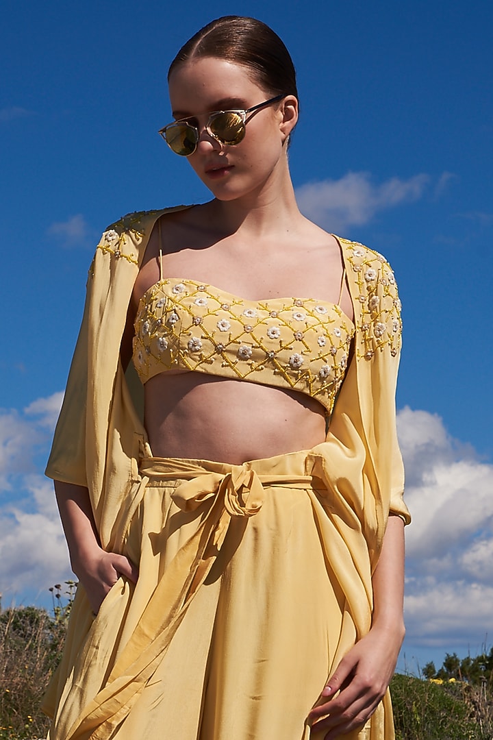 Yellow Crepe Embroidered Kaftan Set by Pinnacle by Shruti Sancheti at Pernia's Pop Up Shop