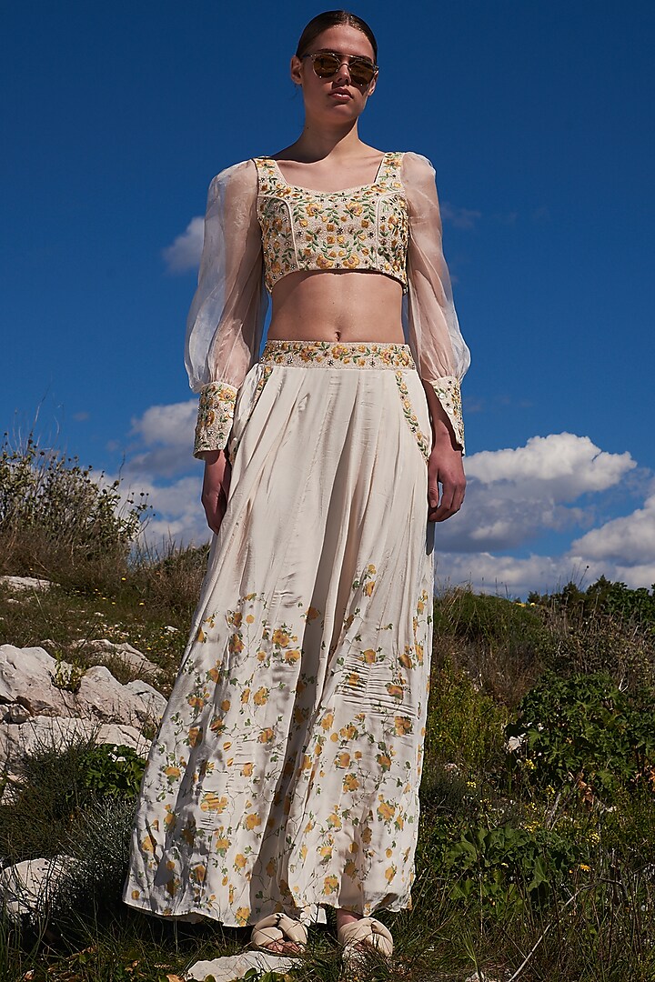 White Crepe Printed & Embroidered Skirt Set by Pinnacle by Shruti Sancheti