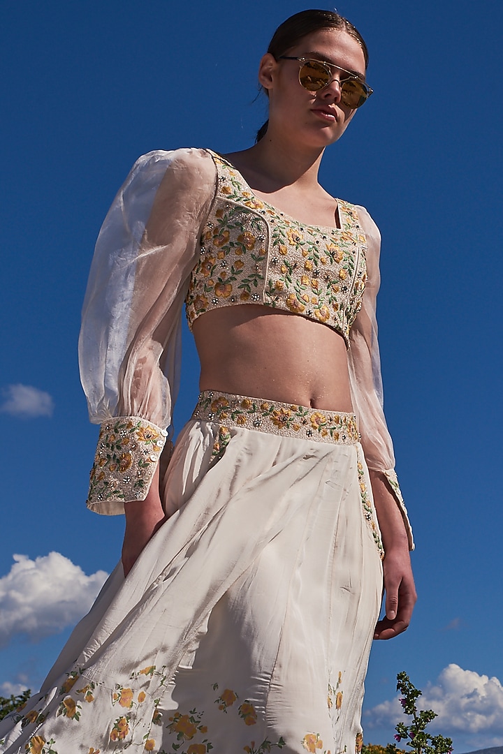 White Crepe Printed & Embroidered Skirt Set by Pinnacle by Shruti Sancheti at Pernia's Pop Up Shop