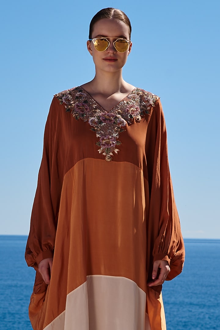 Rust Brown & Beige Crepe Color Blocked Vacation Dress by Pinnacle by Shruti Sancheti at Pernia's Pop Up Shop