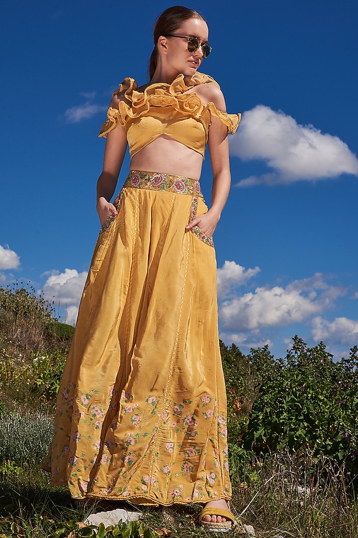 Yellow Crepe Printed Skirt Set by Pinnacle by Shruti Sancheti