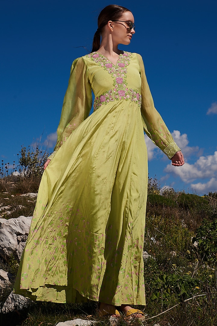 Green Crepe Printed Maxi Dress by Pinnacle by Shruti Sancheti