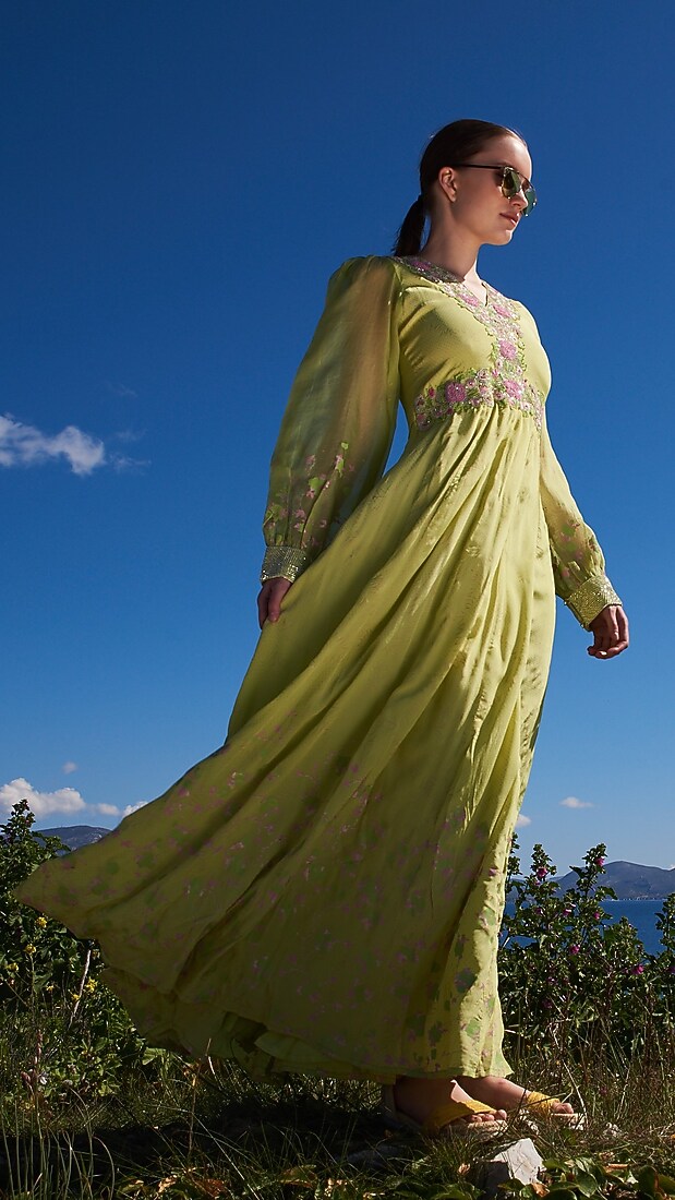 Green Crepe Printed Maxi Vacation Dress by Pinnacle by Shruti Sancheti at Pernia's Pop Up Shop