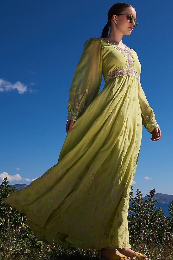 Green Crepe Printed Maxi Vacation Dress by Pinnacle by Shruti Sancheti at Pernia's Pop Up Shop