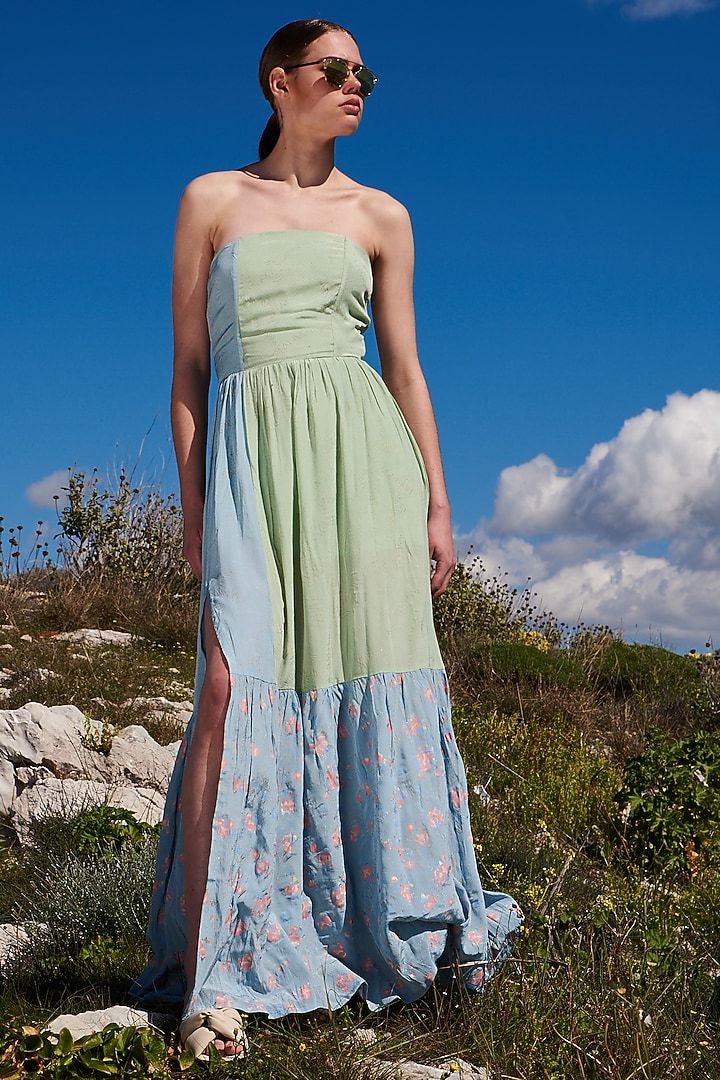 Mint Green & Blue Crepe Printed Maxi Summer Dress by Pinnacle by Shruti Sancheti at Pernia's Pop Up Shop