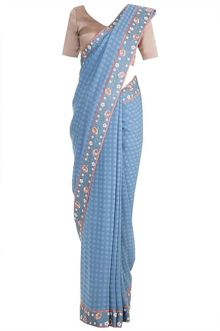 Periwinkle Blue Viscose & Cotton Hand Embroidered Saree Set by Pinnacle By Shruti Sancheti