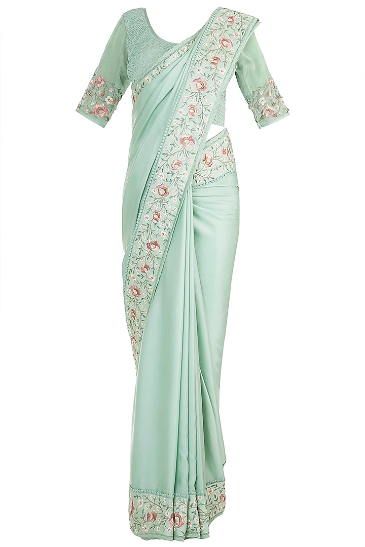Mint Green Embroidered Saree set by Pinnacle By Shruti Sancheti