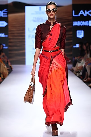 Peach & Red Woven Silk Ikat Printed Saree Set by Pinnacle By Shruti Sancheti