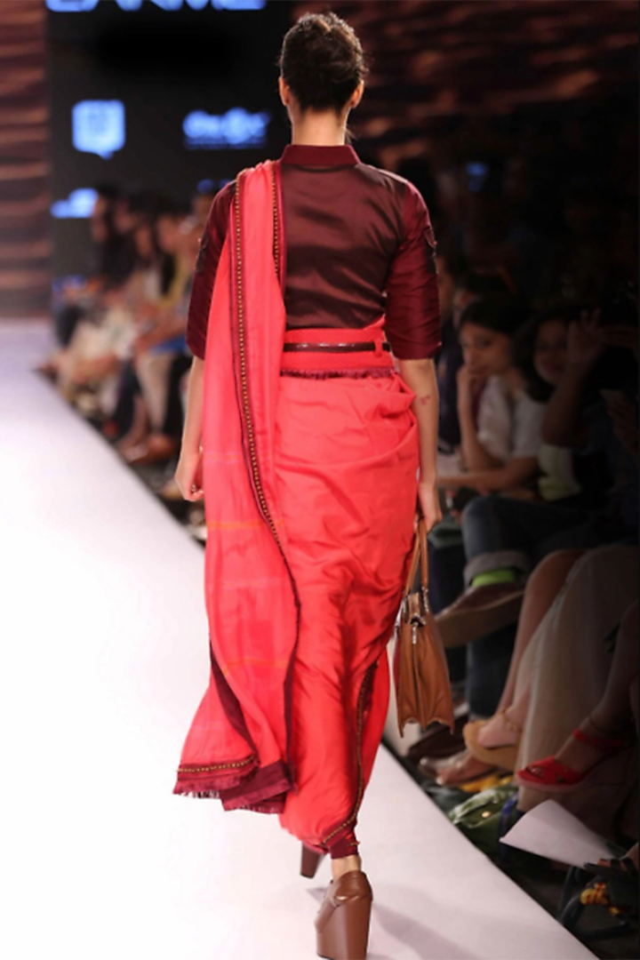 Peach & Red Woven Silk Ikat Printed Wedding Saree Set by Pinnacle By Shruti Sancheti at Pernia's Pop Up Shop