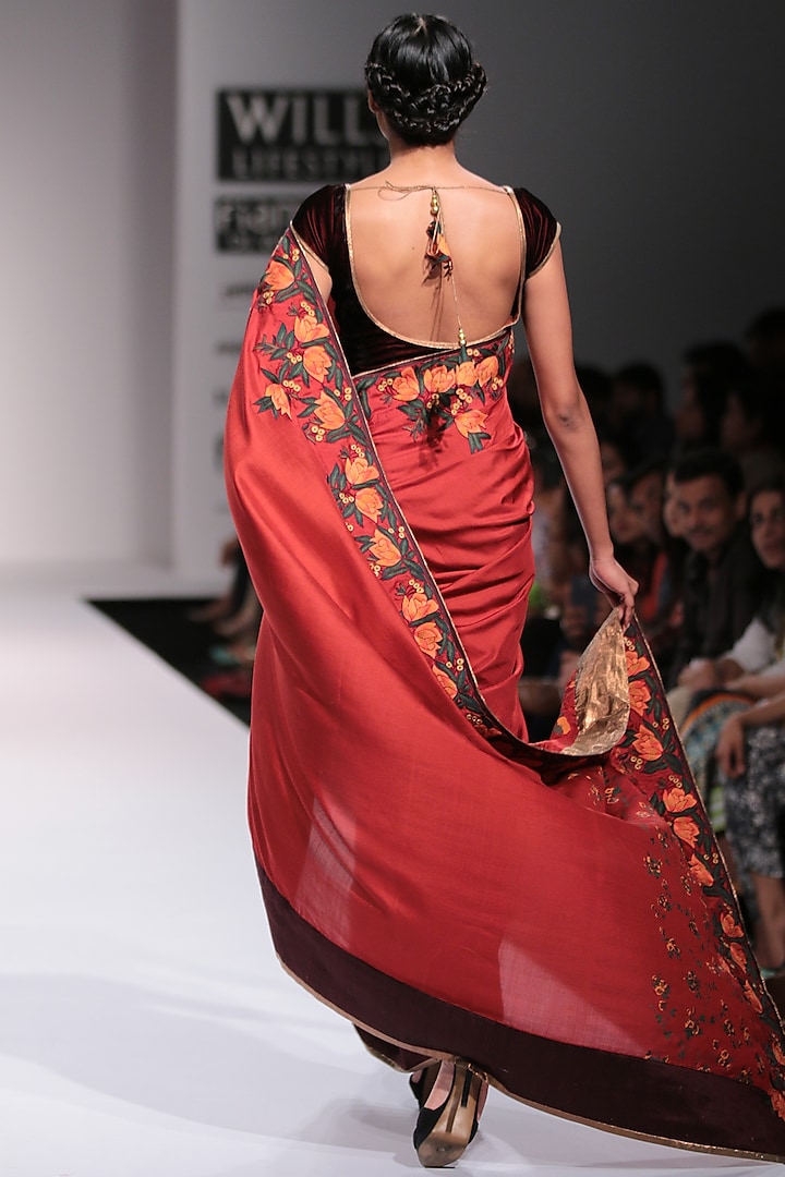 Rust Red Woven Silk Ikat Printed Wedding Saree Set by Pinnacle By Shruti Sancheti at Pernia's Pop Up Shop