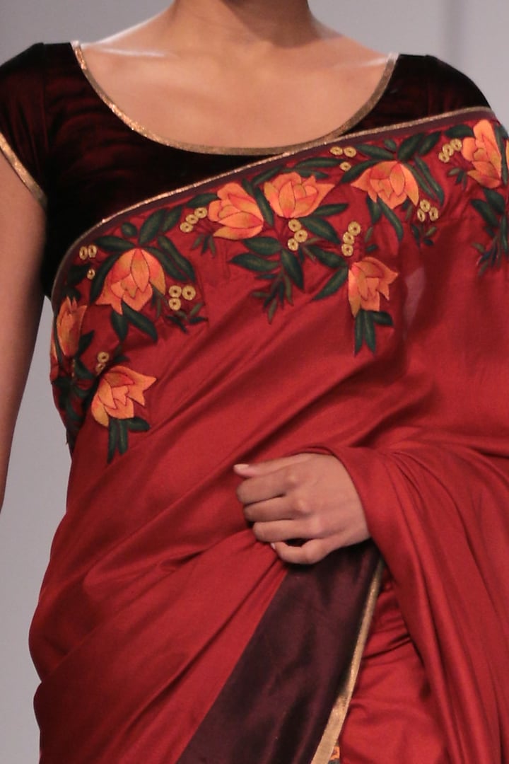 Rust Red Woven Silk Ikat Printed Wedding Saree Set by Pinnacle By Shruti Sancheti at Pernia's Pop Up Shop