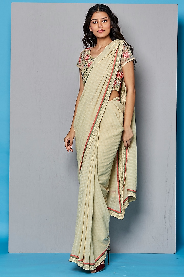 Beige Textured Saree Set by Pinnacle by Shruti Sancheti