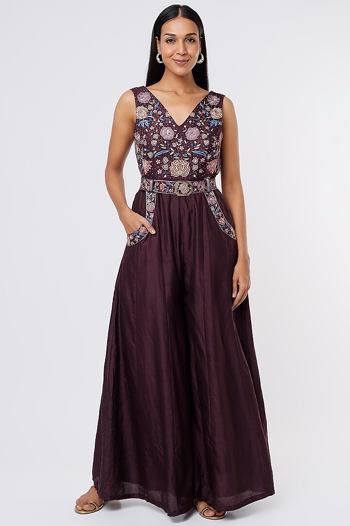 Wine Embroidered Jumpsuit by Pinnacle By Shruti Sancheti