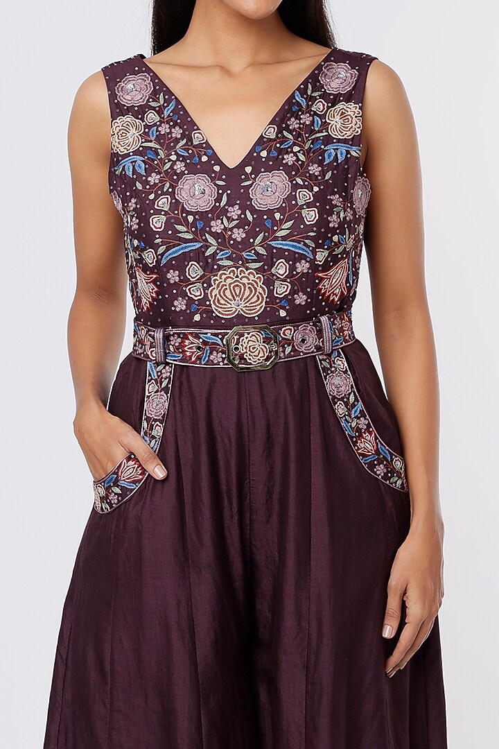 Wine Embroidered Jumpsuit by Pinnacle By Shruti Sancheti at Pernia's Pop Up Shop