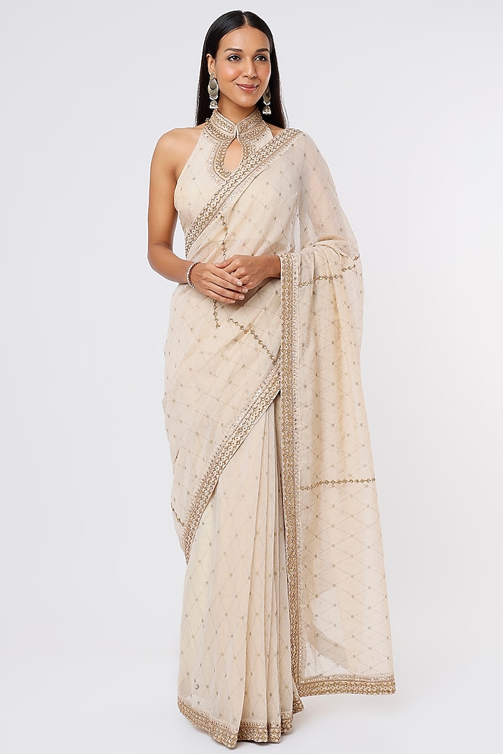 Beige Embroidered Saree Set by Pinnacle By Shruti Sancheti