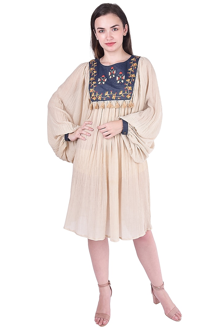 Beige Cross Stitch Embroidered Dress by Pinnacle By Shruti Sancheti