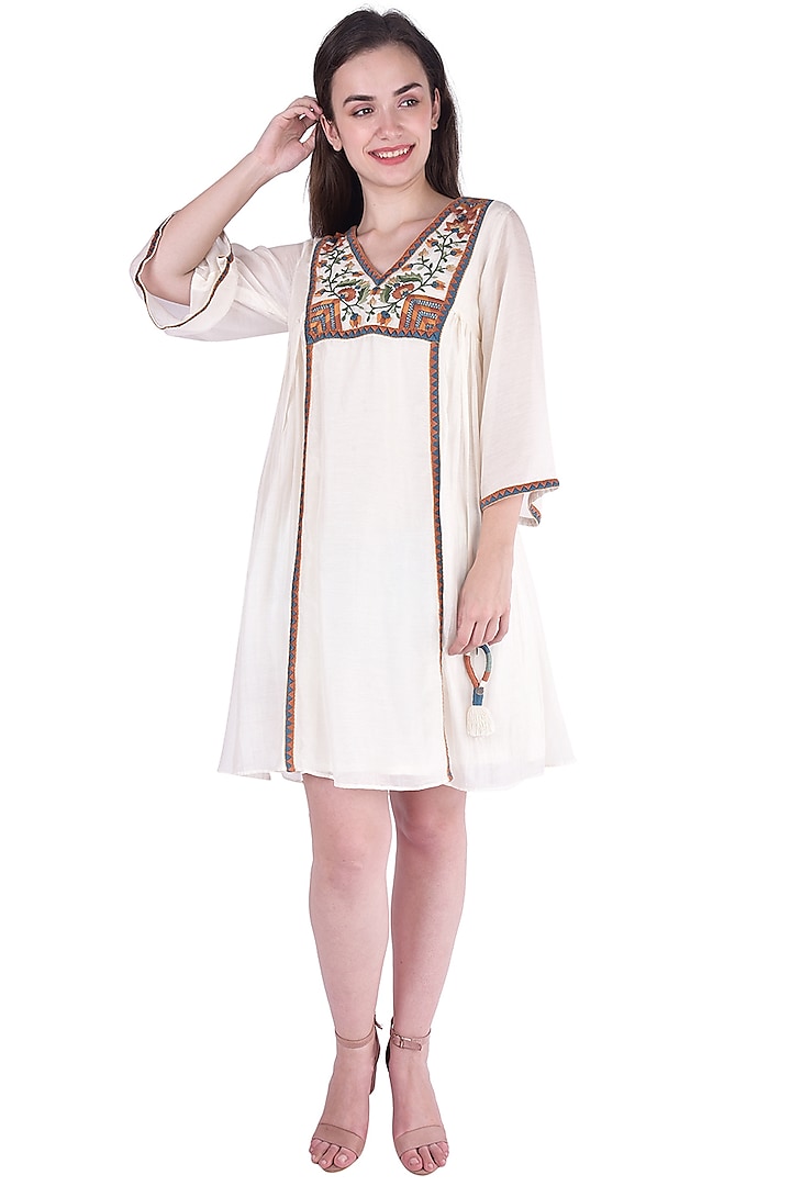 White Tribal Embroidered Dress by Pinnacle By Shruti Sancheti