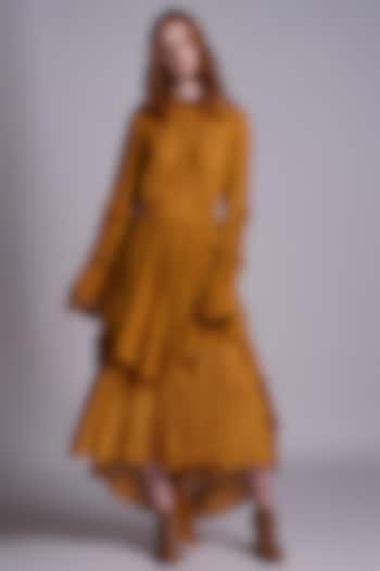 Mustard Ruffled Midi Dress For Girls by Pinnacle by Shruti Sancheti