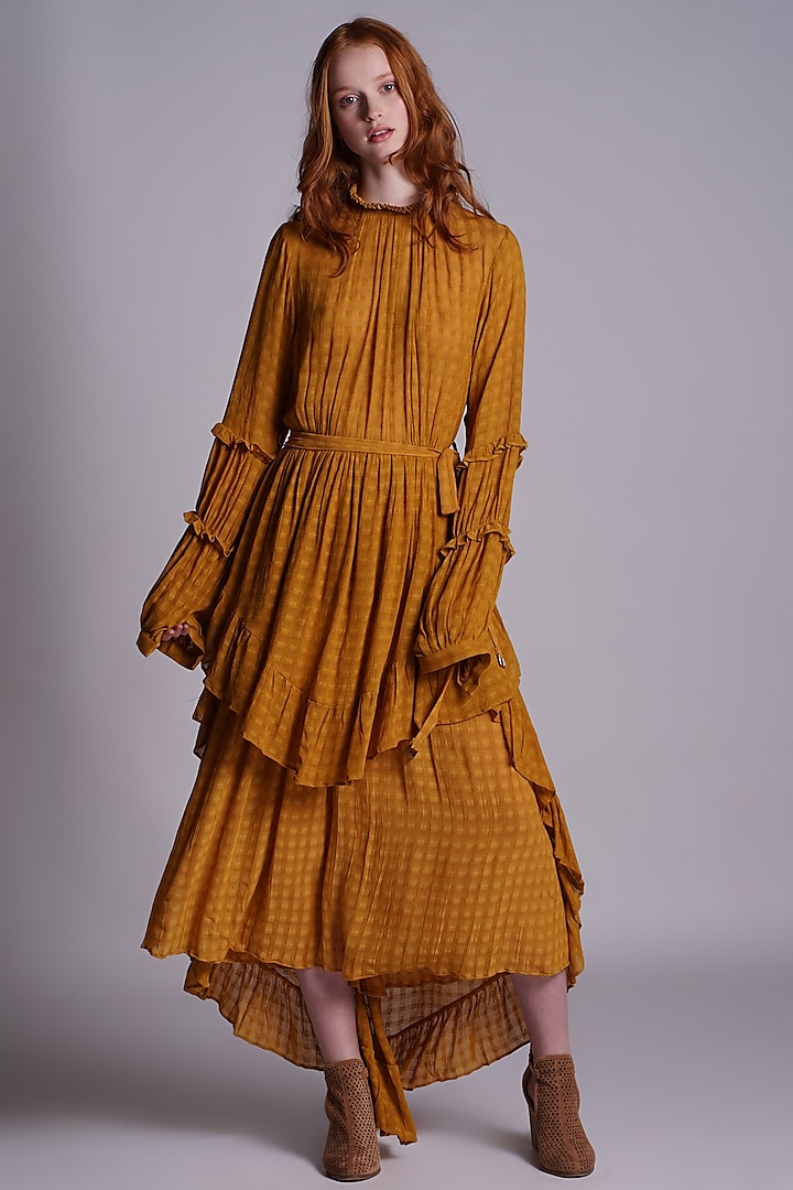 Mustard Ruffled Midi Dress For Girls by Pinnacle by Shruti Sancheti