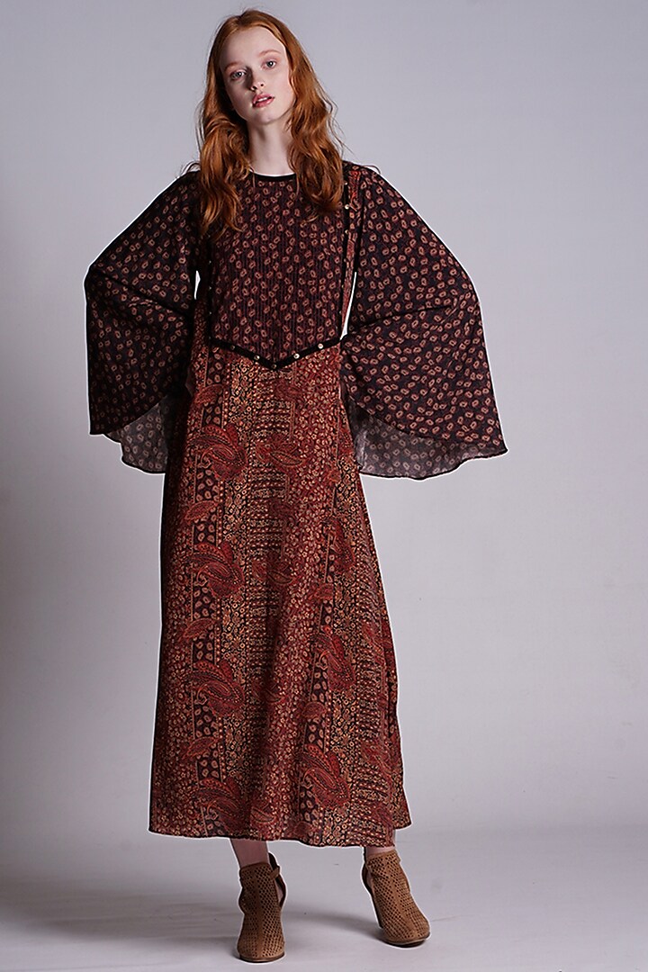 Brown Printed Midi Dress For Girls by Pinnacle by Shruti Sancheti