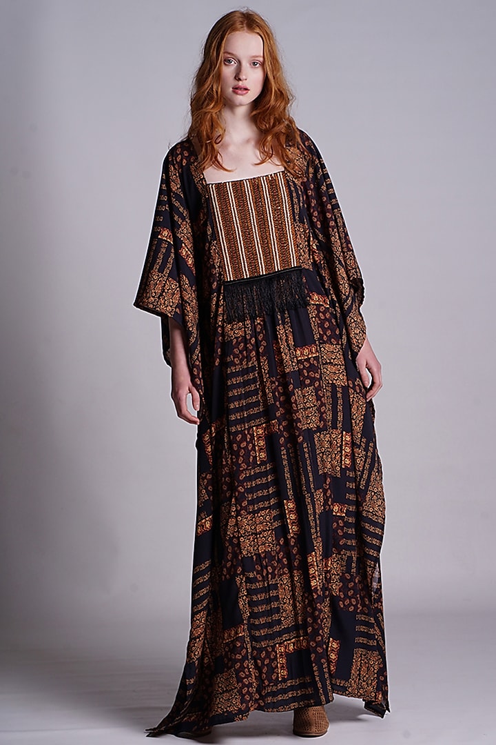 Black Embroidered & Printed Kaftan For Girls by Pinnacle by Shruti Sancheti at Pernia's Pop Up Shop