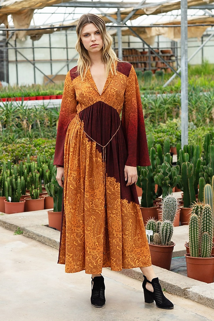 Ochre & Maroon Maxi Dress For Girls by Pinnacle by Shruti Sancheti at Pernia's Pop Up Shop