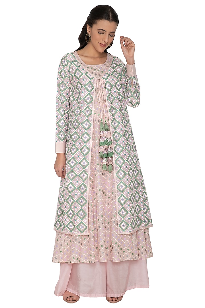 Pink & Green Silk Mul Patola Jacket Set For Girls by Pinnacle by Shruti Sancheti at Pernia's Pop Up Shop