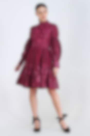 Plum Printed Dress With Lace Detailing For Girls by Pinnacle by Shruti Sancheti